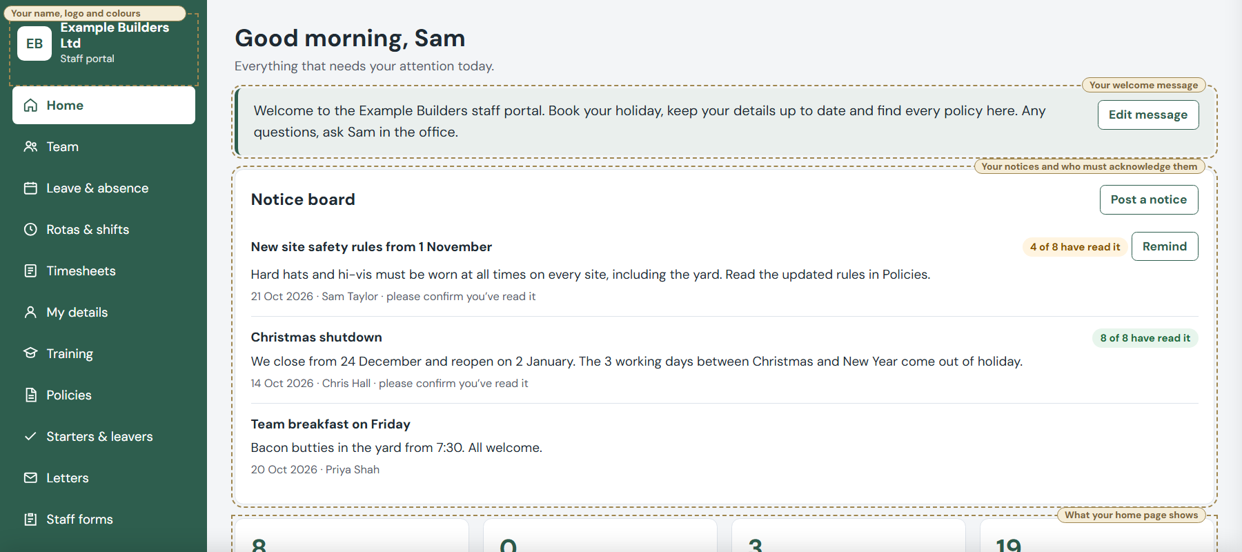 The Officium HR system's home page, with a welcome message and a notice board